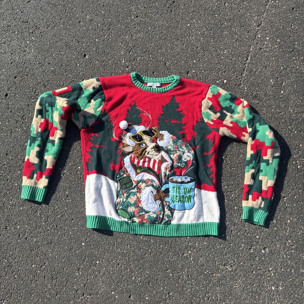 Celebrate Together Reindeer Ugly Christmas Sweater XXL Red Green Camo Coffee
